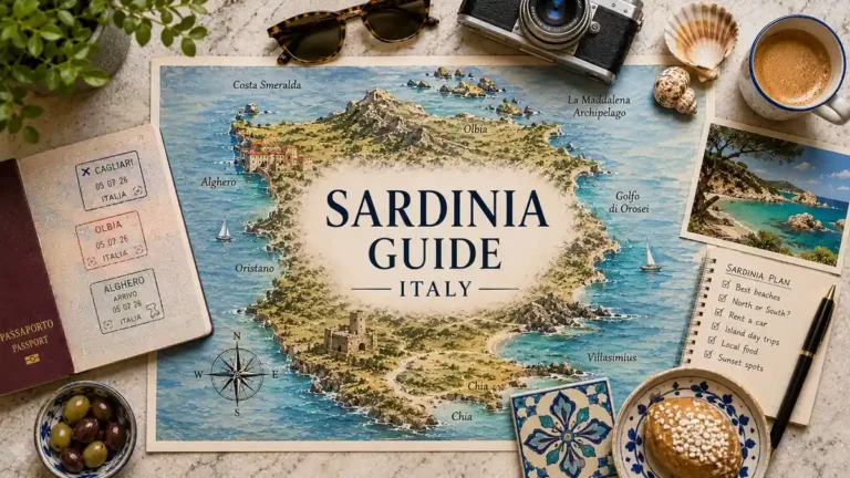 Flat lay travel map of Sardinia with passport, beaches, north and south planning notes, coffee, shells, olives, and coastal props.
