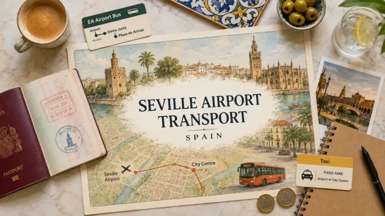 Top-down travel flat lay with an illustrated Seville airport-to-city transport map, passport, bus card, taxi card, and local details.