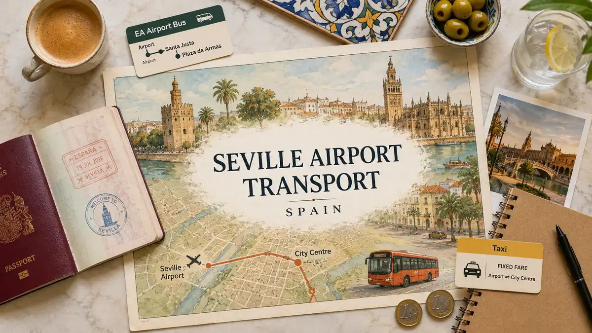 Seville Airport Transport 2 Top-down travel flat lay with an illustrated Seville airport-to-city transport map, passport, bus card, taxi card, and local details.