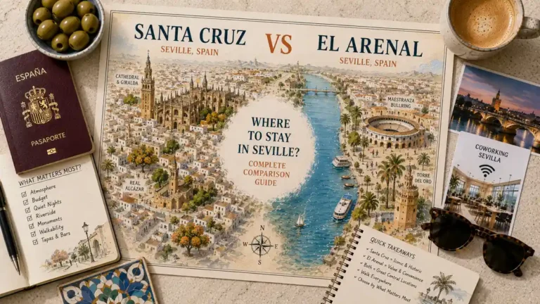 Overhead Seville comparison map showing Santa Cruz and El Arenal with a passport, planning notebooks, coffee, olives, sunglasses and neighborhood landmarks.