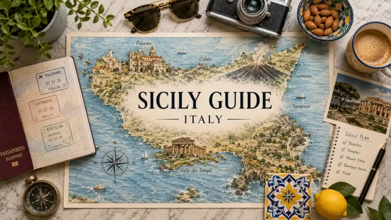 Flat lay travel map of Sicily with passport, Mount Etna, temples, planning notes, coffee, almonds, and coastal props.
