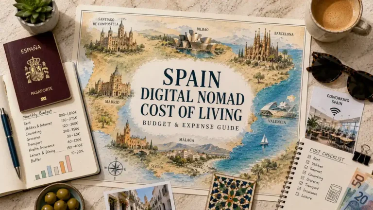 Overhead Spain digital nomad cost-of-living map with a passport, monthly budget notebook, coworking card, coffee, olives and travel accessories.