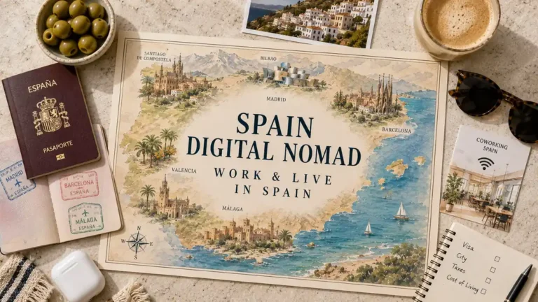 Overhead Spain digital nomad map with a passport, coworking card, planning notebook, coffee, olives and travel accessories.