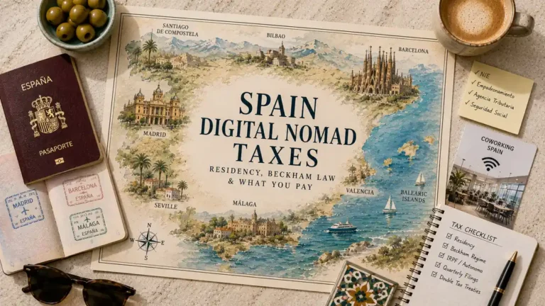 Overhead Spain digital nomad taxes map with a passport, tax checklist, coworking card, coffee, olives and travel accessories.