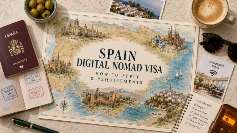 Spain Digital Nomad Visa: Requirements & How to Apply 1 Overhead Spain digital nomad visa map with a passport, application checklist, coworking card, coffee, olives and travel accessories.
