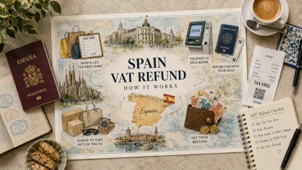 Illustrated Spain VAT refund guide with a DIVA kiosk, tax-free form, passport, shopping bags, receipts, euro notes, and travel checklist.