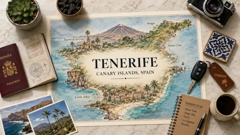 Overhead travel flat lay with an illustrated Tenerife map, Mount Teide, passport, postcards, car key, ceramic tile, notebook, and coffee.