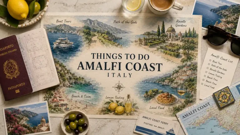 Flat lay Amalfi Coast activity map with passport, lemons, boat tour card, ferry ticket, coffee, and coastal postcards.