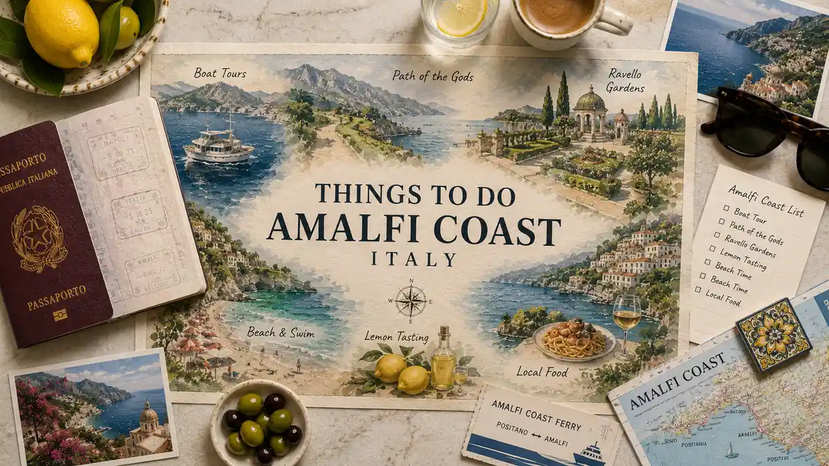 Flat lay Amalfi Coast activity map with passport, lemons, boat tour card, ferry ticket, coffee, and coastal postcards.