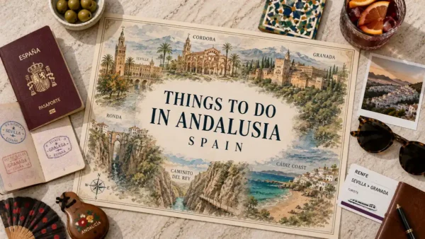 Things to Do in Andalusia: 10 Experiences That Are Worth It 10 Overhead Andalusia travel map with the Alhambra, Mezquita, Seville, Ronda, Caminito del Rey and the southern coast.