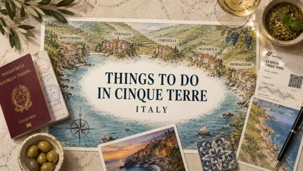 Flat lay travel map of Cinque Terre in Italy with passport, trail card, pesto, wine, olives, and coastal postcards.