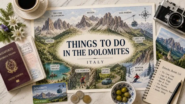 Overhead illustrated Dolomites activity map with a passport, cable-car card, camera, coffee, olives, coins, alpine flowers, and trip-planning notebook.