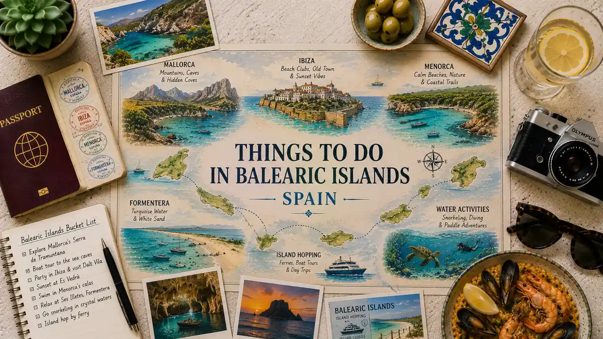 Things to Do in the Balearic Islands 2 Top-down Balearic Islands travel flat lay with an illustrated island map, passport, Mallorca cove postcard, Menorca and Formentera beaches, Ibiza old town, boat tours, snorkeling, olives, seafood paella, camera, sunglasses, and notebook.