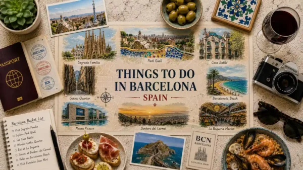 Top-down Barcelona travel flat lay with an illustrated city map, passport, Gaudí landmarks, Gothic Quarter, Barceloneta Beach, market scene, tapas, seafood, notebook, camera, sunglasses, olives, and wine.