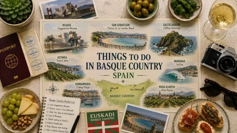 Top-down Basque Country travel flat lay with an illustrated regional map, passport, Guggenheim postcard, pintxos, txakoli, camera, sunglasses, coastal village scenes, and surf imagery.