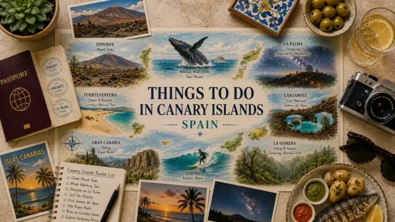 Things to Do in the Canary Islands 7 Top-down Canary Islands travel flat lay with an illustrated archipelago map, passport, Mount Teide postcard, whale watching, stargazing, surfing, olives, camera, sunglasses, and Canarian food.