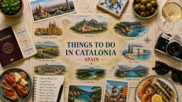 Top-down Catalonia travel flat lay with an illustrated regional map, passport, Costa Brava postcard, Catalan food, wine, notebook, camera, sunglasses, and coastal seafood.