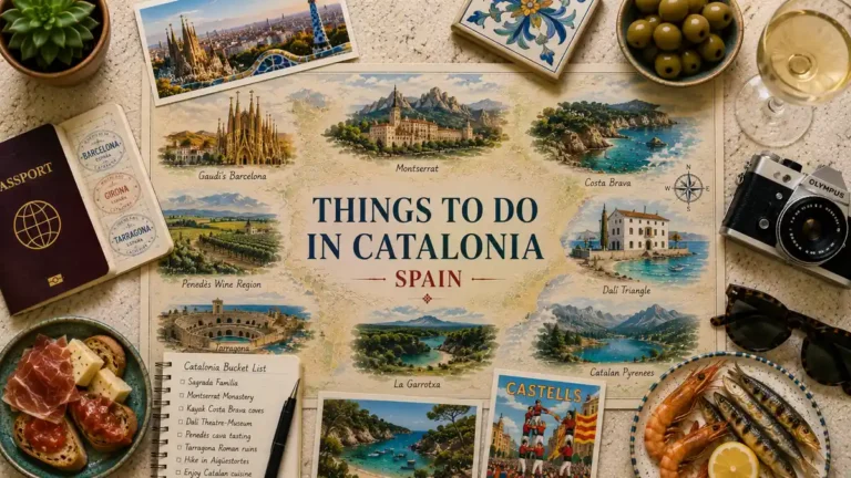 Things to Do in Catalonia 8 Top-down Catalonia travel flat lay with an illustrated regional map, passport, Costa Brava postcard, Catalan food, wine, notebook, camera, sunglasses, and coastal seafood.