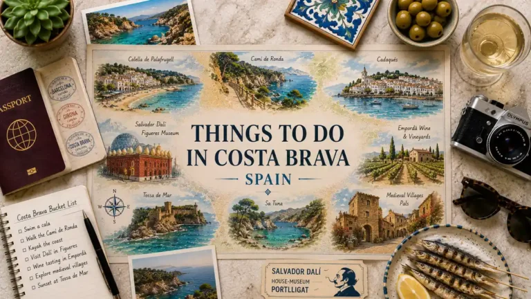Things to Do in Costa Brava 9 Top-down Costa Brava travel flat lay with an illustrated coastal map, passport, cove postcard, olives, wine, notebook, camera, sunglasses, and grilled fish.