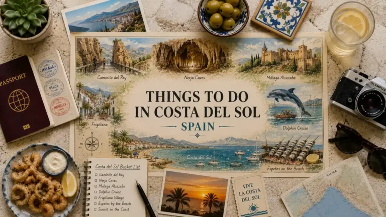 Top-down Costa del Sol travel flat lay with an illustrated coastal map, passport, Caminito del Rey, Nerja Caves, Alcazaba, dolphin cruise, espetos, olives, and postcards.