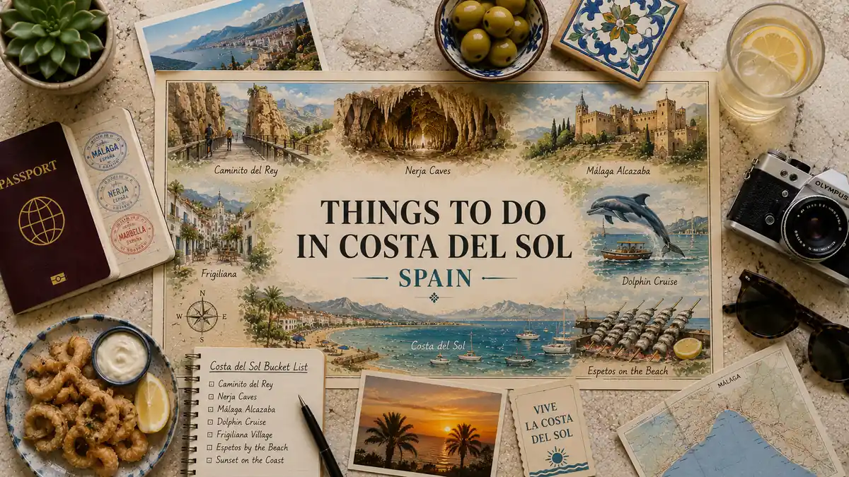 Things to Do in Costa del Sol 2 Top-down Costa del Sol travel flat lay with an illustrated coastal map, passport, Caminito del Rey, Nerja Caves, Alcazaba, dolphin cruise, espetos, olives, and postcards.