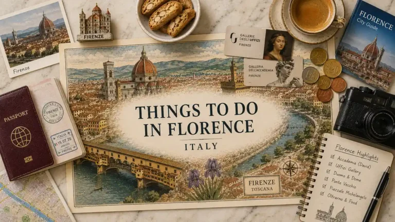 Top-down Florence attractions flat lay with an illustrated city map, passport, museum cards, coffee, coins, camera, biscotti, and a highlights notebook.