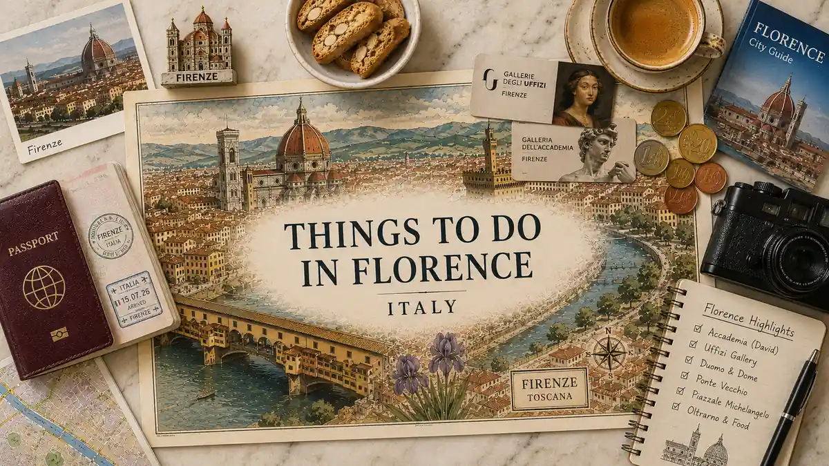 The Best Things to Do in Florence, Ranked by Payoff 2 Top-down Florence attractions flat lay with an illustrated city map, passport, museum cards, coffee, coins, camera, biscotti, and a highlights notebook.