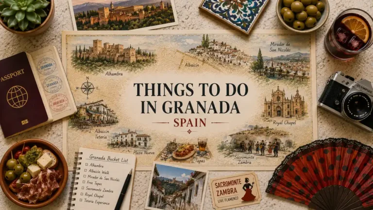 Top-down Granada travel flat lay with an illustrated city map, passport, tapas, flamenco fan, notebook, Alhambra postcard, olives, drink, and camera.