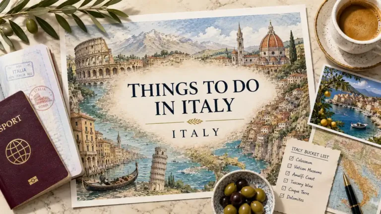 Things to Do in Italy: Experiences Worth the Trip 7 Flat lay Italy travel map poster with passport, espresso, olives, postcards, and landmark illustrations.