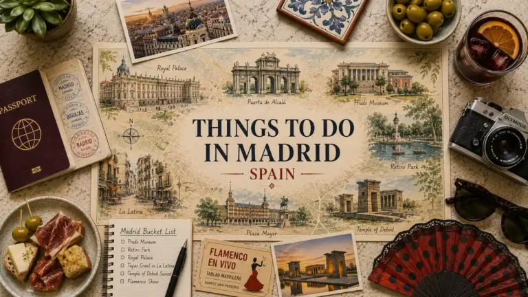 Top-down Madrid travel flat lay with an illustrated city map, passport, tapas, flamenco fan, notebook, sunset postcard, olives, drink, sunglasses, and camera.
