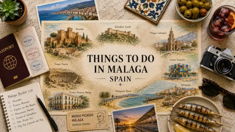 Top-down Malaga travel flat lay with an illustrated city map, passport, coastal postcards, olives, drink, sunglasses, notebook, camera, and grilled sardines.