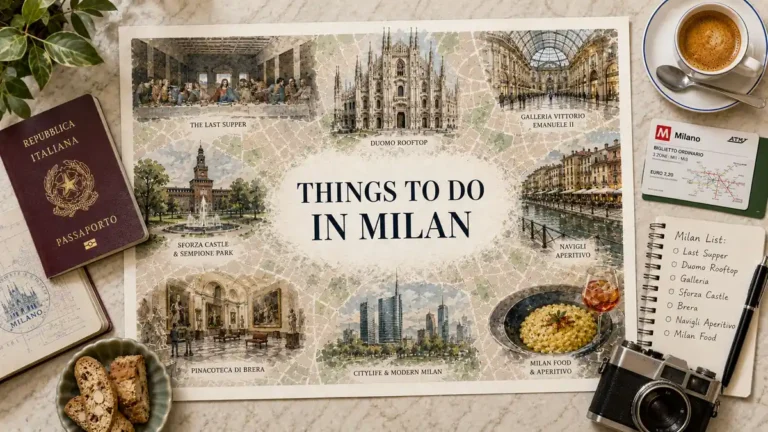 Things to Do in Milan 4 Illustrated Milan map with the Duomo, Last Supper, Galleria, Sforza Castle, Navigli, Brera, a passport, coffee, notebook, camera, aperitivo, and food.