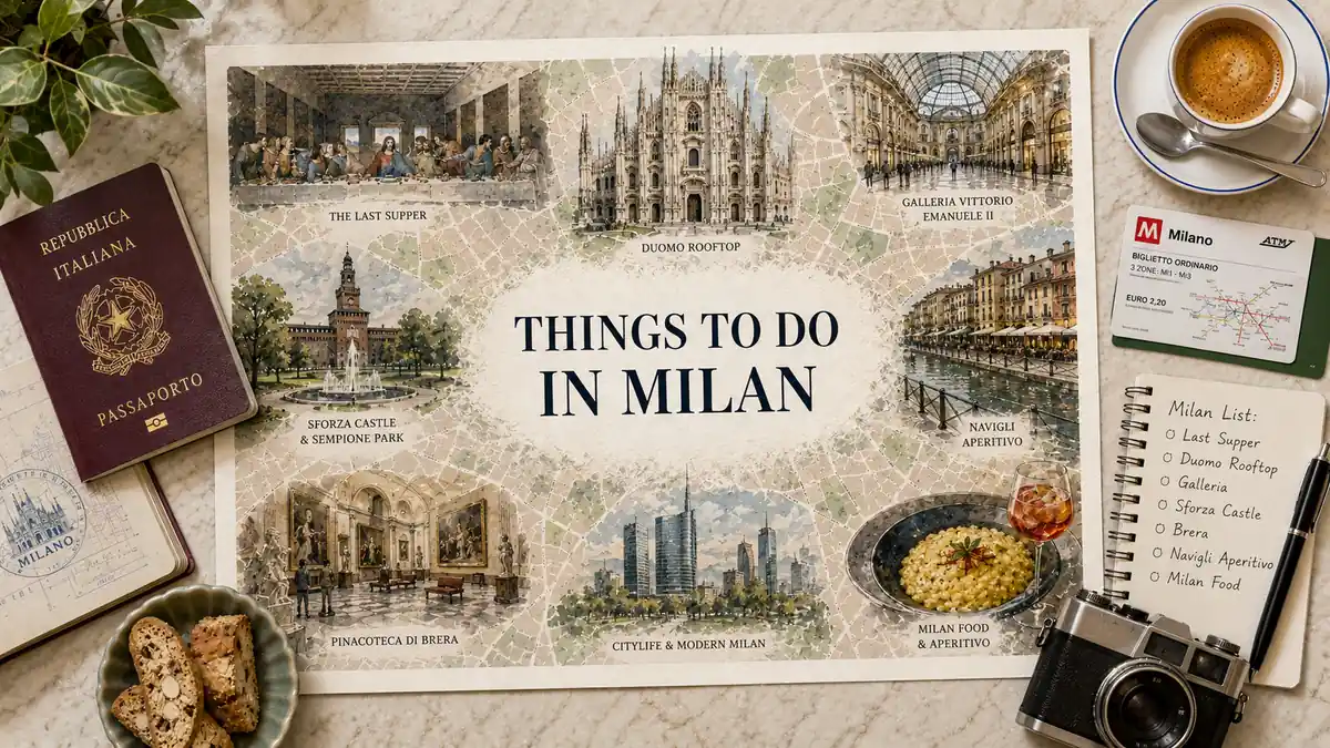 Things to Do in Milan 2 Illustrated Milan map with the Duomo, Last Supper, Galleria, Sforza Castle, Navigli, Brera, a passport, coffee, notebook, camera, aperitivo, and food.