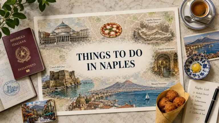 Things to Do in Naples, Italy: Experiences Worth Your Time 5 Illustrated Naples map with Vesuvius, Castel dell’Ovo, pizza, underground tunnels, a passport, espresso, postcard, and street food.