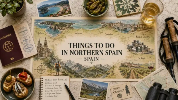 Top-down Northern Spain travel flat lay with an illustrated regional map, passport, pintxos, hiking poles, coast postcard, cider, notebook, and binoculars.