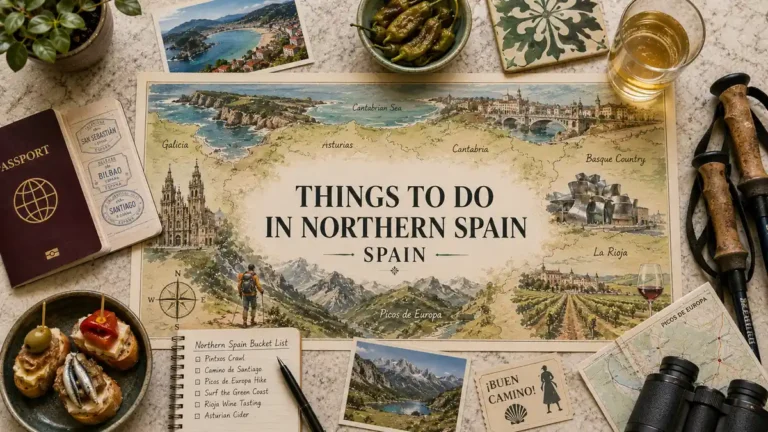 Top-down Northern Spain travel flat lay with an illustrated regional map, passport, pintxos, hiking poles, coast postcard, cider, notebook, and binoculars.