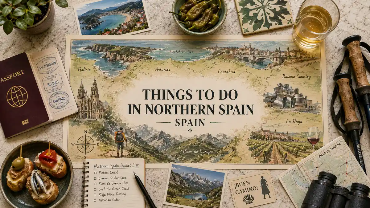 Things to Do in Northern Spain 2 Top-down Northern Spain travel flat lay with an illustrated regional map, passport, pintxos, hiking poles, coast postcard, cider, notebook, and binoculars.
