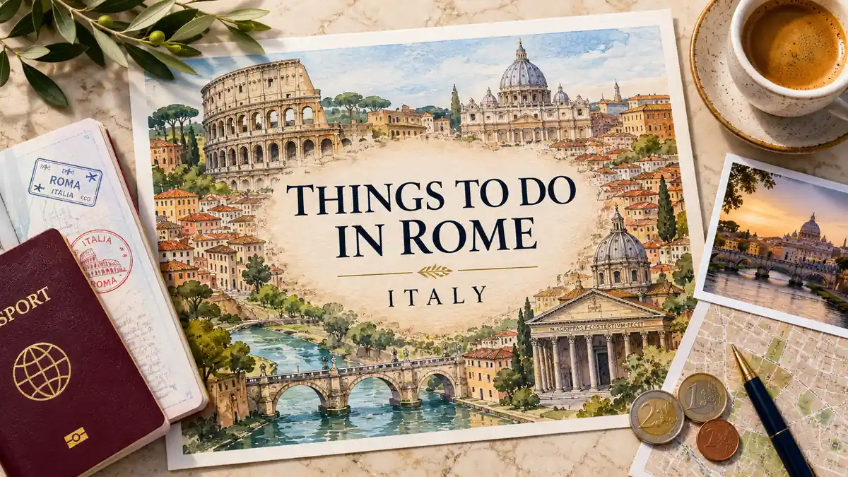 The Best Things to Do in Rome: Experiences Worth Your Time 2 Flat lay travel map poster of Rome with passport, espresso, coins, and city landmarks.