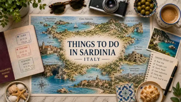 Flat lay travel map of Sardinia with passport, boat trips, nuraghe, caves, hiking notes, coffee, shells, olives, and coastal props.