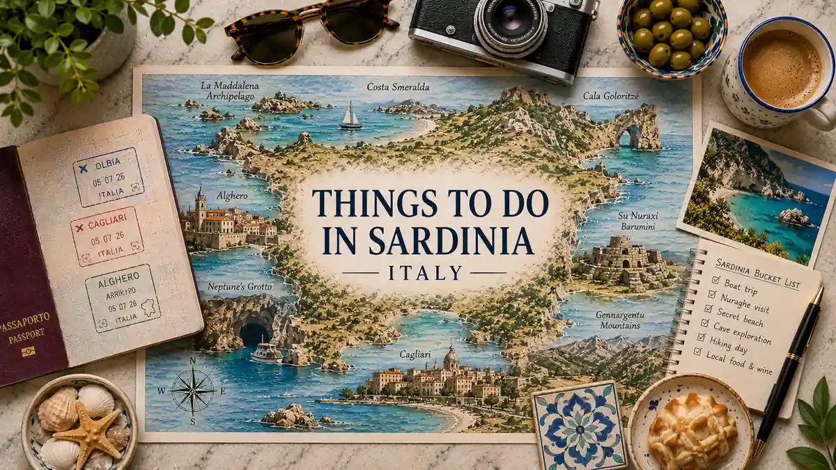 Best Things to Do in Sardinia: Top Experiences 2 Flat lay travel map of Sardinia with passport, boat trips, nuraghe, caves, hiking notes, coffee, shells, olives, and coastal props.
