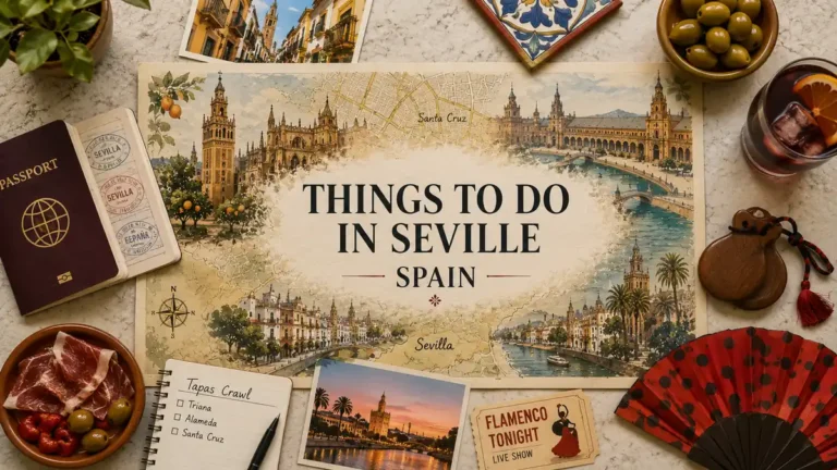 Top-down Seville travel flat lay with an illustrated city map, passport, flamenco fan, tapas, olives, postcard, tile, and evening drink.