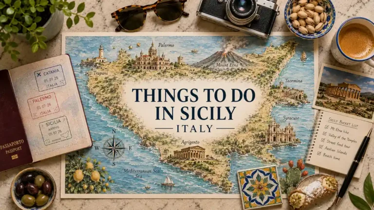 Flat lay travel map of Sicily with passport, Mount Etna, Greek temples, bucket list notes, coffee, olives, and cannoli.