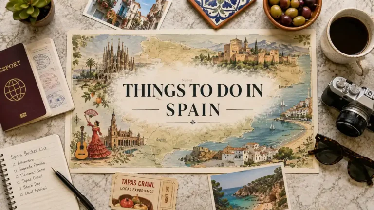 Top-down Spain travel flat lay with an illustrated map, passport, tapas note, coastal postcard, olives, coffee, and sunglasses.