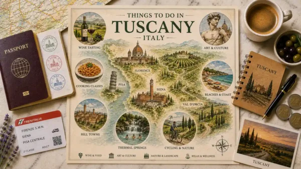 Things to Do in Tuscany: 7 Experiences That Are Worth It 9 Flat lay of a Tuscany things-to-do map with passport, espresso, olives, lavender, notebook and countryside postcard.
