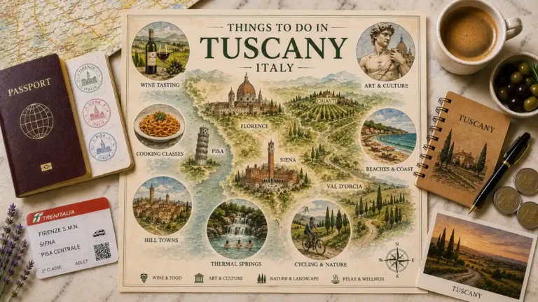 Flat lay of a Tuscany things-to-do map with passport, espresso, olives, lavender, notebook and countryside postcard.