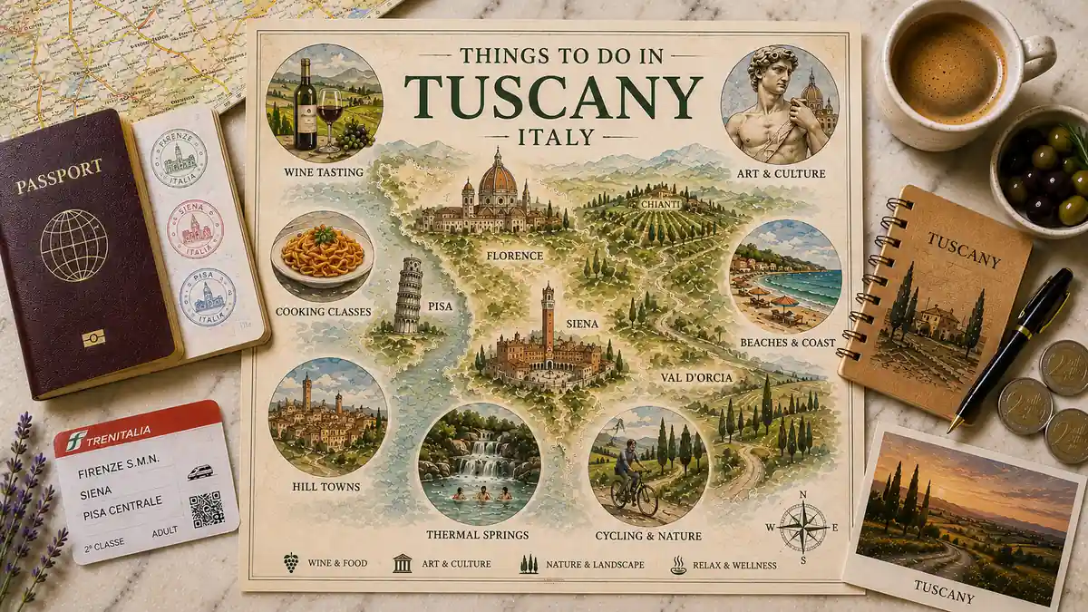 Flat lay of a Tuscany things-to-do map with passport, espresso, olives, lavender, notebook and countryside postcard.