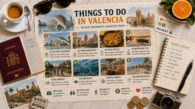 Overhead Valencia experiences flat lay with an illustrated activity guide, passport, espresso, sunglasses, orange, notebook, coins, camera, and city postcard.
