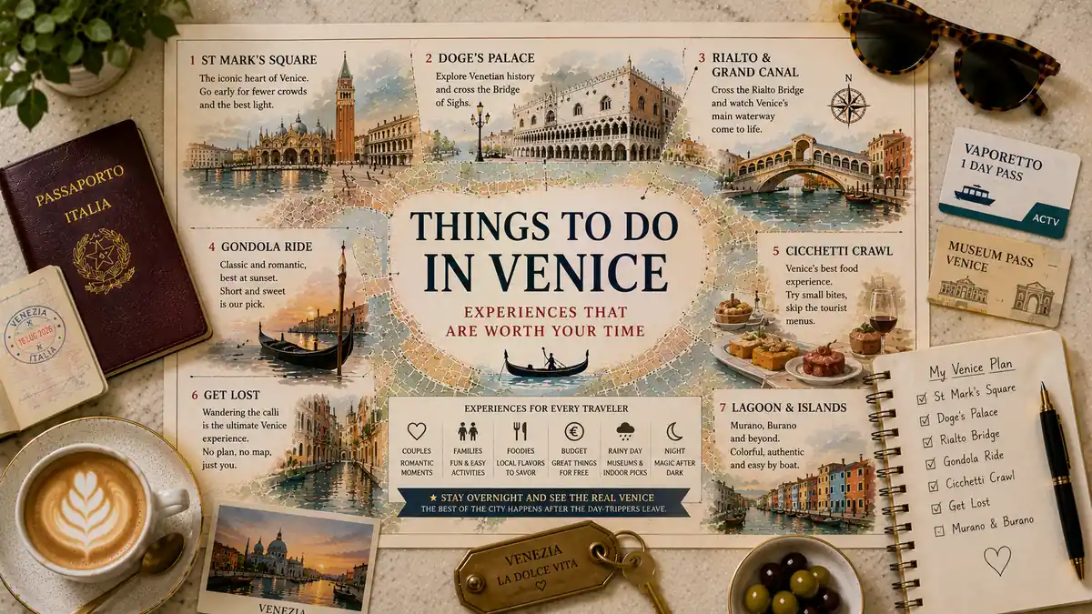Things to Do in Venice 2 Flat-lay Venice attractions map with St Mark’s Square, Doge’s Palace, Rialto, a gondola, cicchetti, passport, coffee, travel cards, and planning notebook.