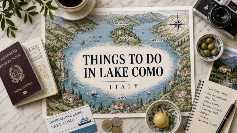 Overhead Lake Como map with a passport, ferry card, camera, coffee, olives, lemon, coins, and activity notebook.