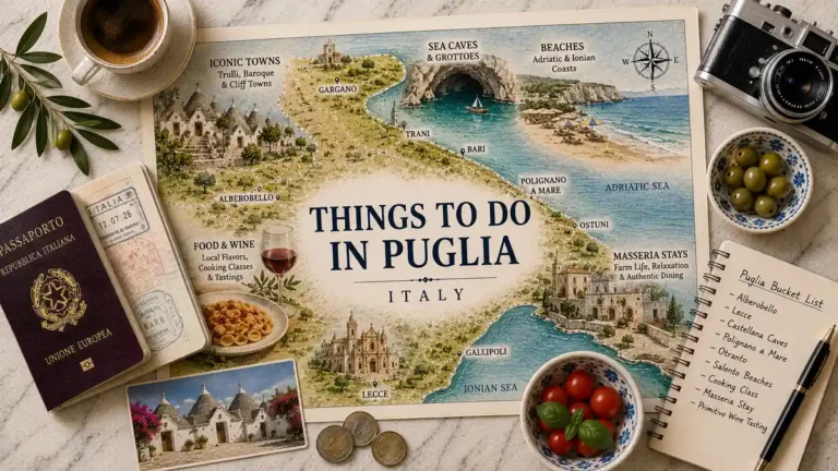 Things to Do in Puglia 8 Overhead illustrated Puglia activity map with a passport, camera, coffee, olives, tomatoes, orecchiette, wine, coins, trulli postcard, and planning notebook.